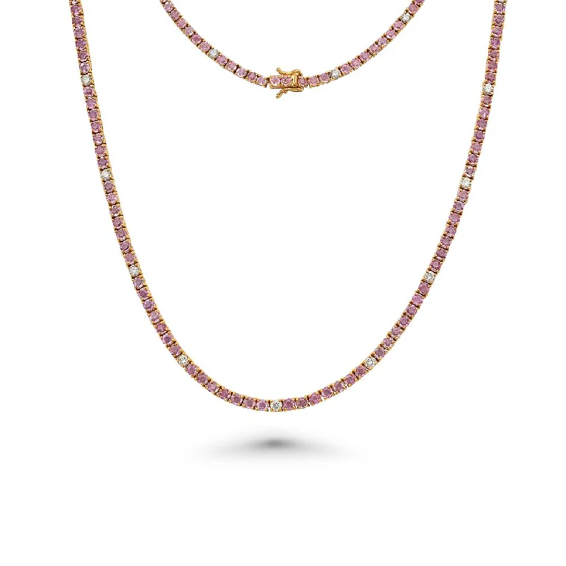 simple silver necklace -Alternate Diamonds & Pink Sapphire Tennis Necklace ( 12.50 ct.) 3 mm 4-Prongs Setting in 14K Gold