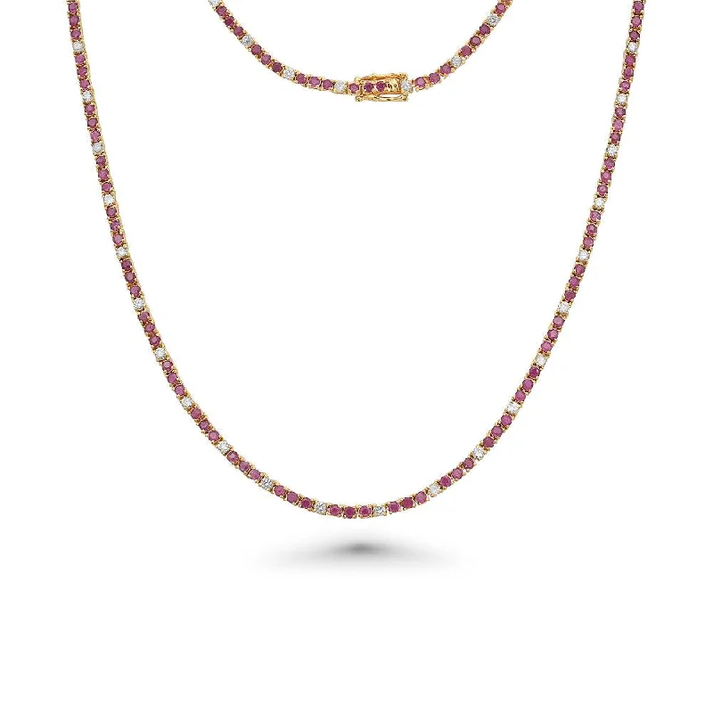 women's gold chain necklace -Alternate Ruby & Diamond Tennis Necklace (8.50 ct.) 4-Prongs Setting in 14K Gold