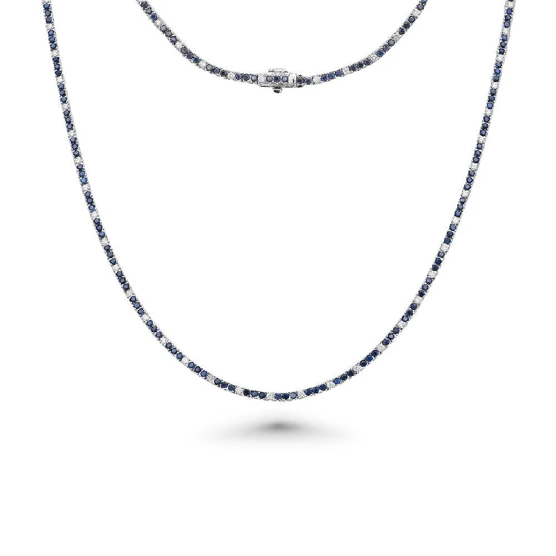 diamond necklace for women -Alternate Diamond & Blue Sapphire Tennis Necklace (5.50 ct.) 3 mm 4-Prongs Setting in 14K Gold