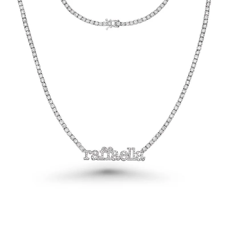 pearl and diamond necklace -Custom Name Plate Diamond Tennis Necklace (8.50 ct.) 2.3 mm 4-Prongs Setting in 14K Gold