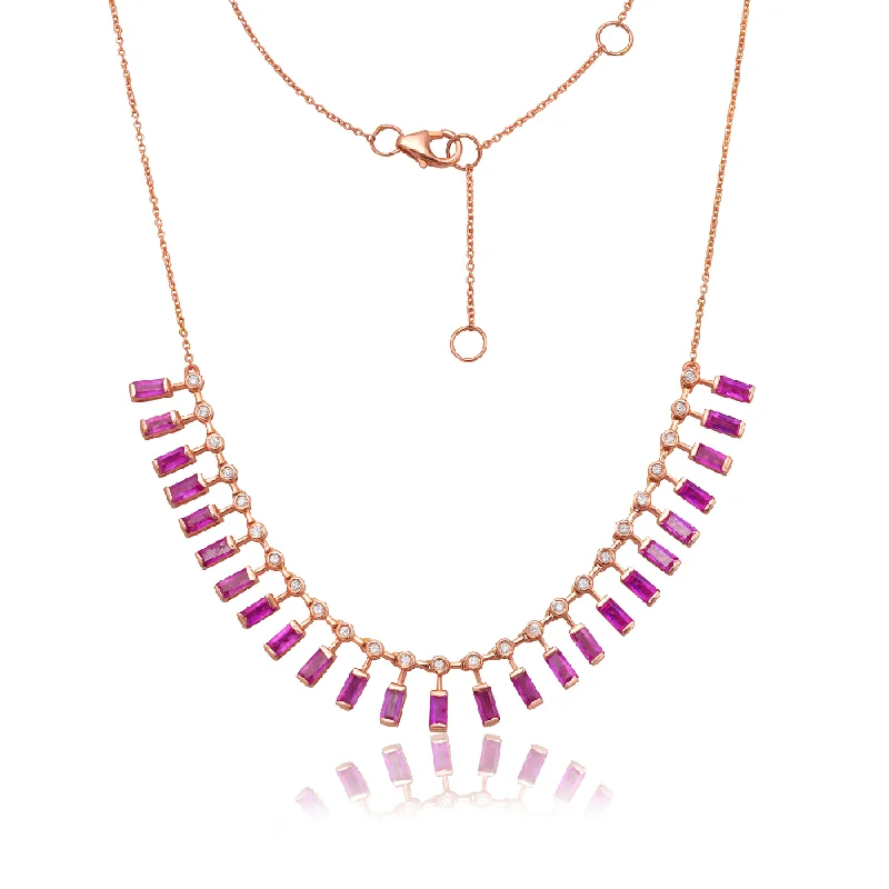 handmade necklace for women -Diamond & Dangling Emerald Cut Pink Sapphire Choker Necklace (4.75 ct.) in 14K Gold