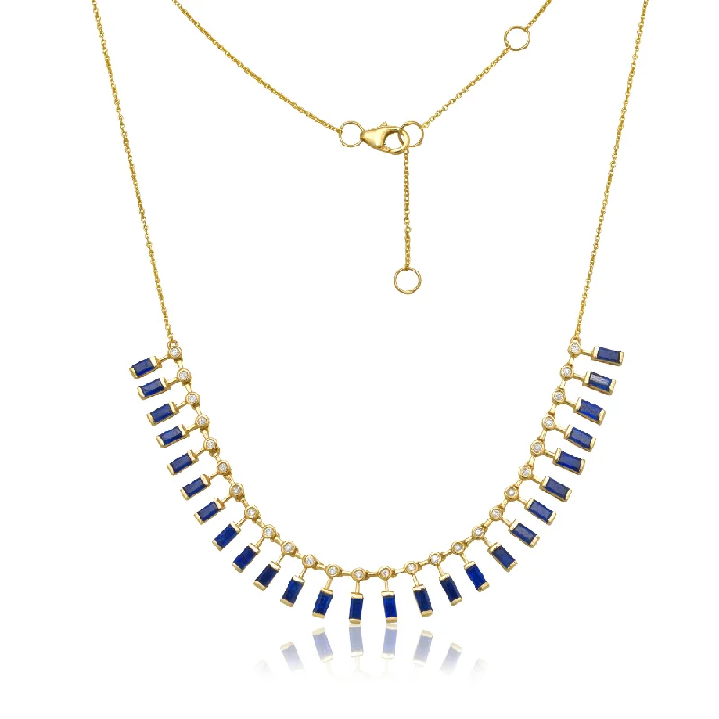 personalized family necklace -Diamond & Dangling Emerald Cut Sapphire Choker Necklace (4.10 ct.) in 14K Gold