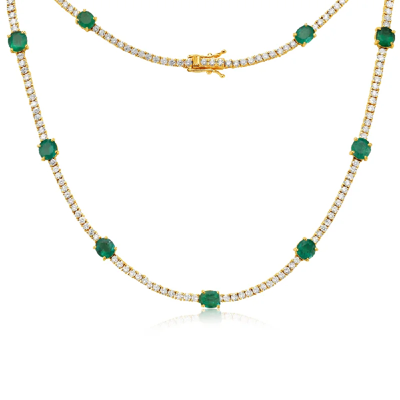 cute charm necklace -Diamond Tennis Necklace with Alternate Oval Cut Emeralds (6.50 ct.) 4-Prongs Setting in 14K Gold