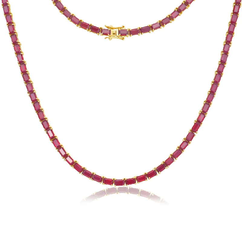 stylish pearl necklace -East West Ruby Emerald Cut Tennis Necklace (33.00 ct.) 4-Prongs Setting in 14K Gold