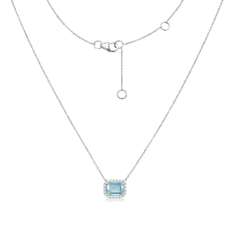 silver pendant necklace -Emerald Cut Aquamarine & Diamond Halo Necklace (1.13 ct.) in 14K Gold