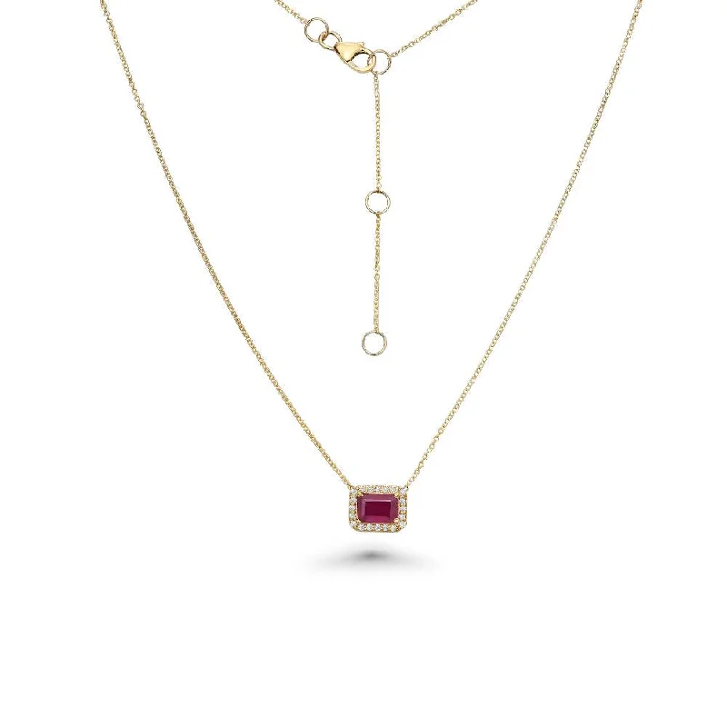 trendy moon necklace -Emerald Cut Ruby & Diamond Halo Necklace (1.41 ct.) in 14K Gold