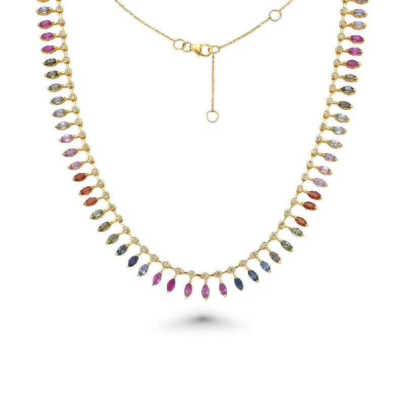 heart pendant necklace -Diamond & Dangling Marquise Shape Rainbow Sapphire Choker Necklace (13.40 ct.) in 14K Gold