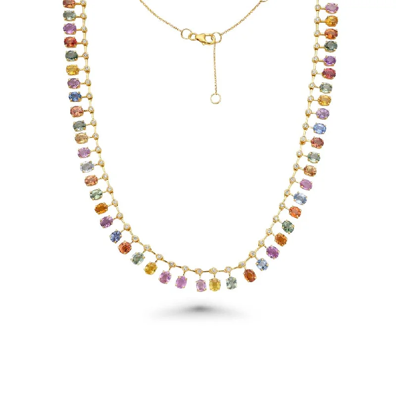 simple charm necklace -Diamond & Dangling Oval Shape Rainbow Sapphire Choker Necklace (25.85 ct.) in 14K Gold