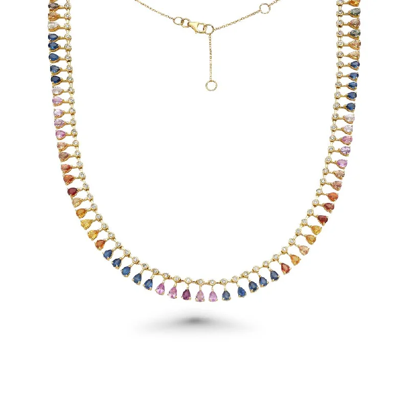 moon pendant necklace -Diamond & Dangling Pear Shape Rainbow Sapphire Choker Necklace (15.00 ct.) in 14K Gold