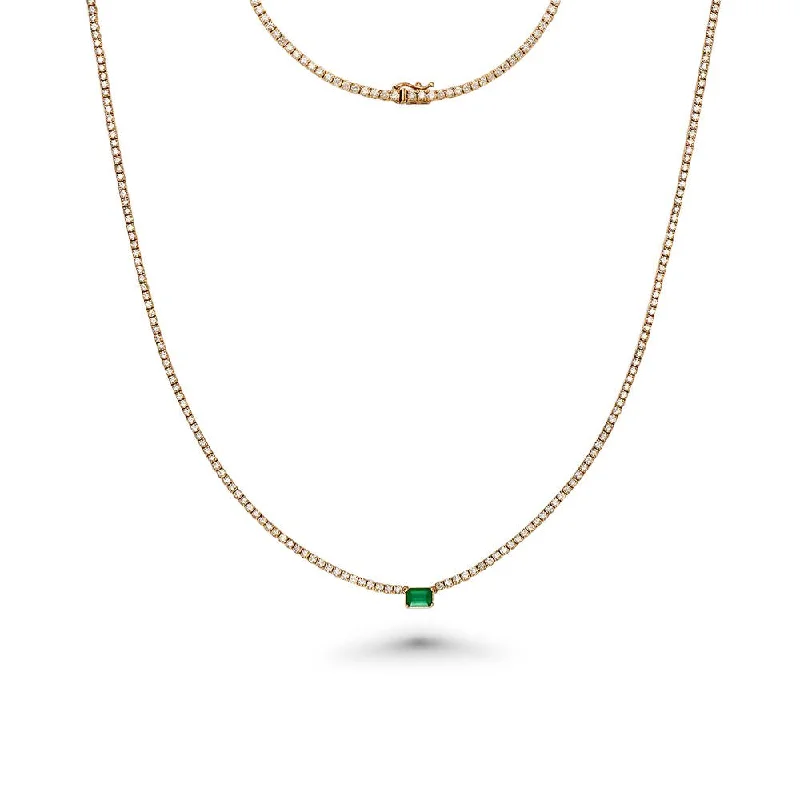 sterling silver necklace -Diamond Tennis Necklace with Emerald Cut Emerald 7.20x5mm (5.50 ct.) 2 mm 4-Prongs Setting  in 14K Gold