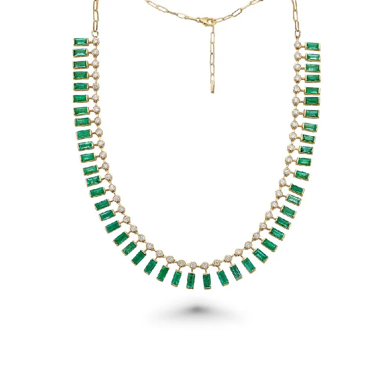 luxury gold necklace -Diamond & Dangling Emerald Cut Emerald Choker Necklace (18.55 ct.) in 14K Gold