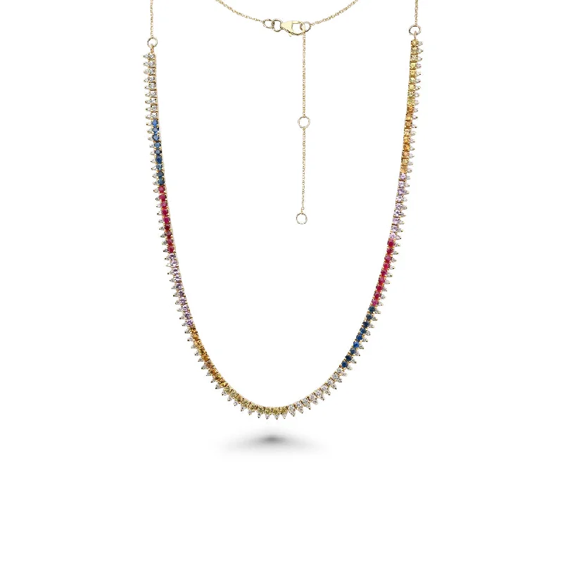 vintage style necklace -Rainbow Sapphire & Diamonds Halfway Tennis Necklace (6.75 ct.) in 14K Gold