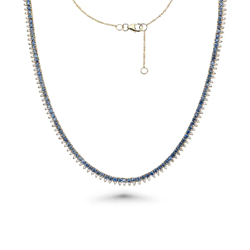 charm necklace for girls -Blue Sapphire & Diamond Halfway Tennis Choker Necklace (6.60 ct.) in 14K Gold