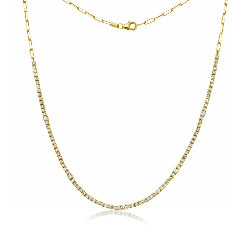 antique style necklace -HalfWay Alternate Round Diamond Tennis Necklace & Half Paperclip Chain (2.50 ct.) 4-Prongs Setting in 14K Gold