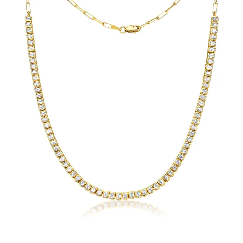 modern style necklace -HalfWay Emerald Cut Diamond Tennis Necklace & Half Paperclip Chain (4.00 ct.) Bezel Set in 18K Gold