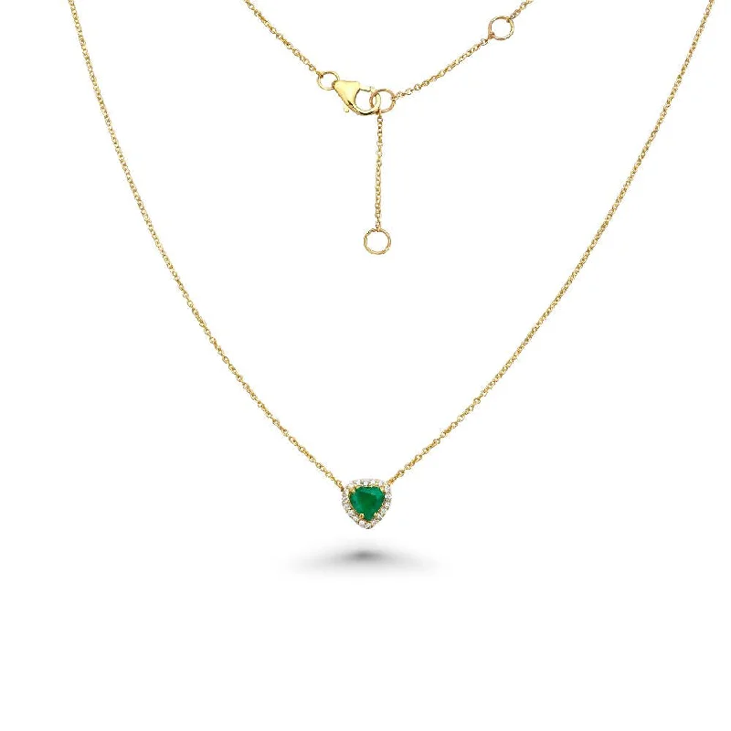 sophisticated necklace design -Heart Shape Emerald With Diamond Halo Necklace (0.96 ct.) in 14K Gold