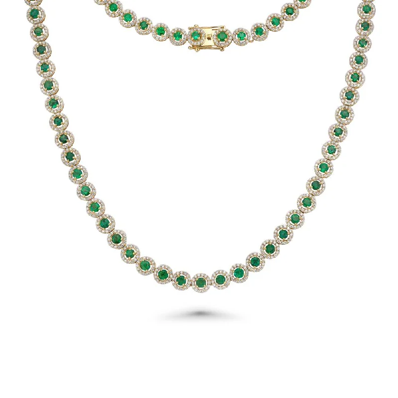 personalized gold necklace -Emerald & Diamond Halo Tennis Necklace ( 16.30 ct.) in 14K Gold