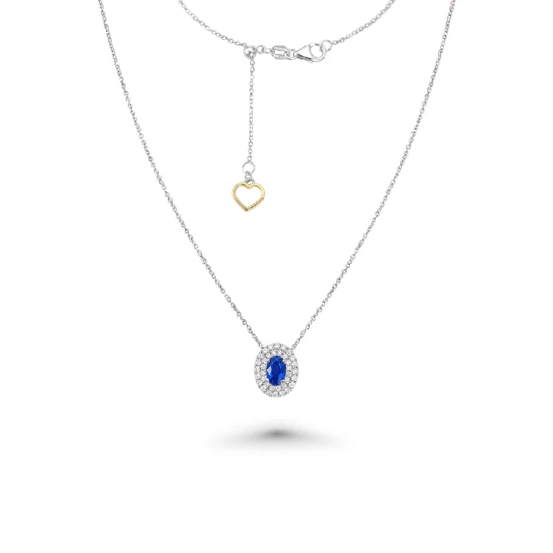 handmade crystal necklace -Oval Blue Sapphire With Diamond Double Halo Necklace (0.73 ct.) in 18K Gold