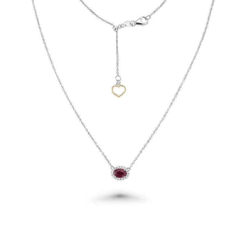 simple pendant chain -Oval Red Ruby With Diamond Halo Necklace (0.59 ct.) in 18K Gold