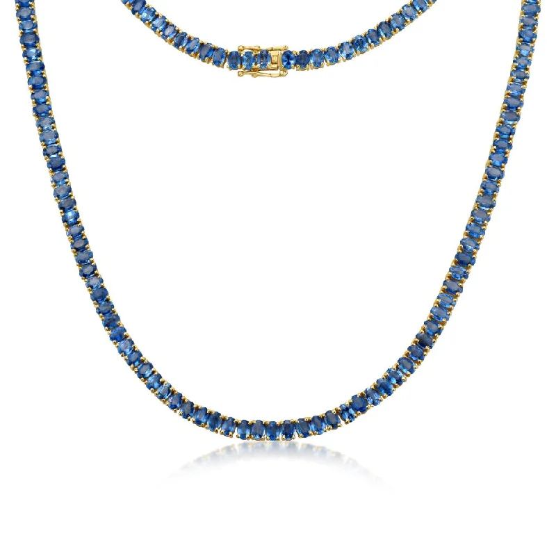 adjustable necklace for women -Oval Shape Blue Sapphire Tennis Necklace (29.20 ct.) 4-Prongs in 18K Gold