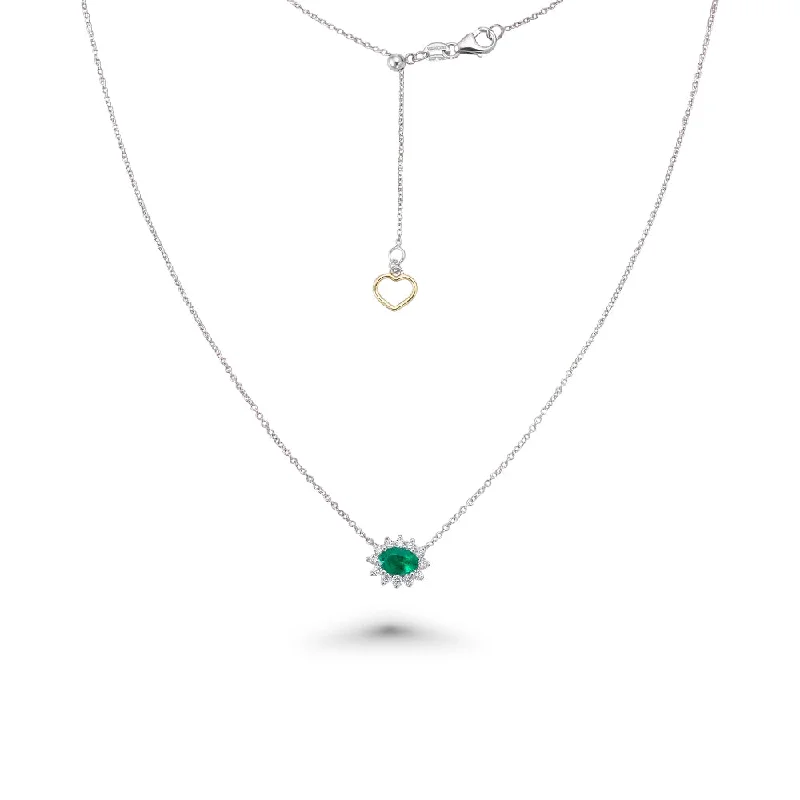 hand-stamped necklace -Oval Shape Emerald & Diamond Necklace (0.60 ct.) in 18K Gold