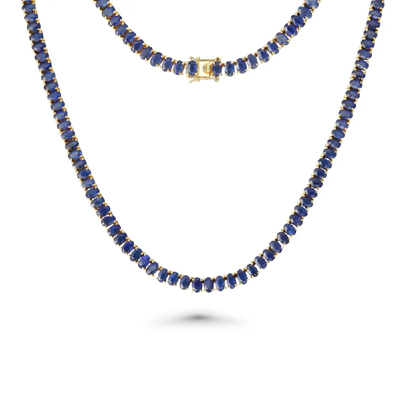 flower pendant necklace -Oval Shape Sapphire Tennis Necklace (41.24 ct.) 4-Prongs Setting in 14K Gold