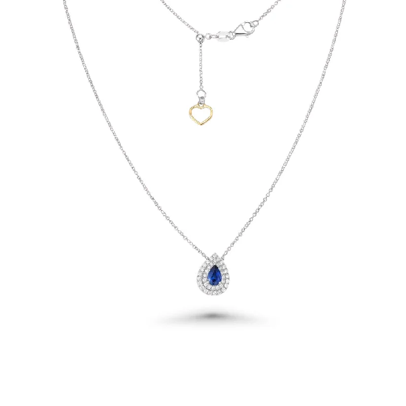 name plate necklace for women -Pear Shape Blue Sapphire With Diamond Halo Necklace (0.73 ct.) in 18K Gold