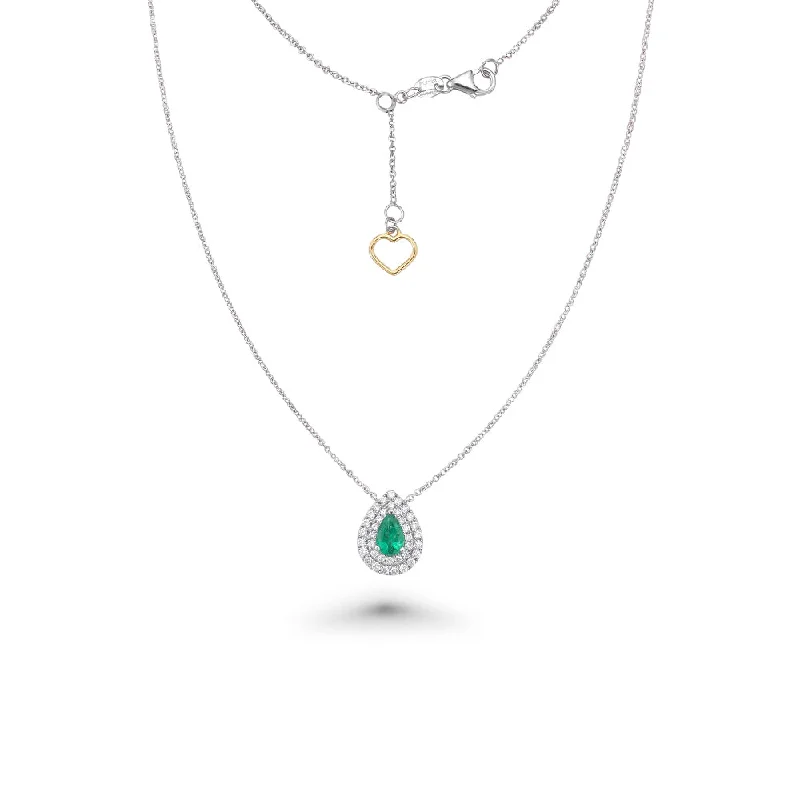 stunning necklace for women -Pear Shape Emerald With Double Diamond Halo Necklace (0.63 ct.) in 18K Gold