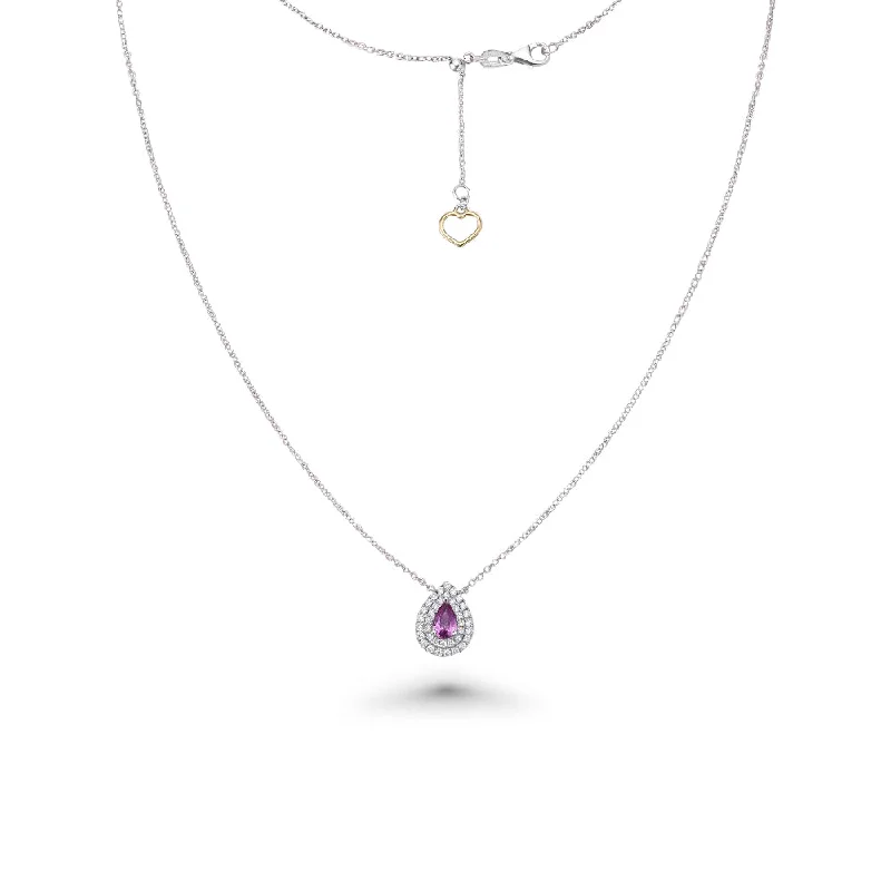 boho style charm necklace -Pear Shape Pink Sapphire With Diamond Halo Necklace (0.73 ct.) in 18K Gold