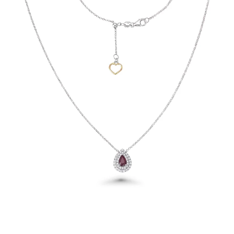 chic pendant necklace -Pear Shape Red Ruby With Diamond Halo Necklace (0.73 ct.) in 18K Gold