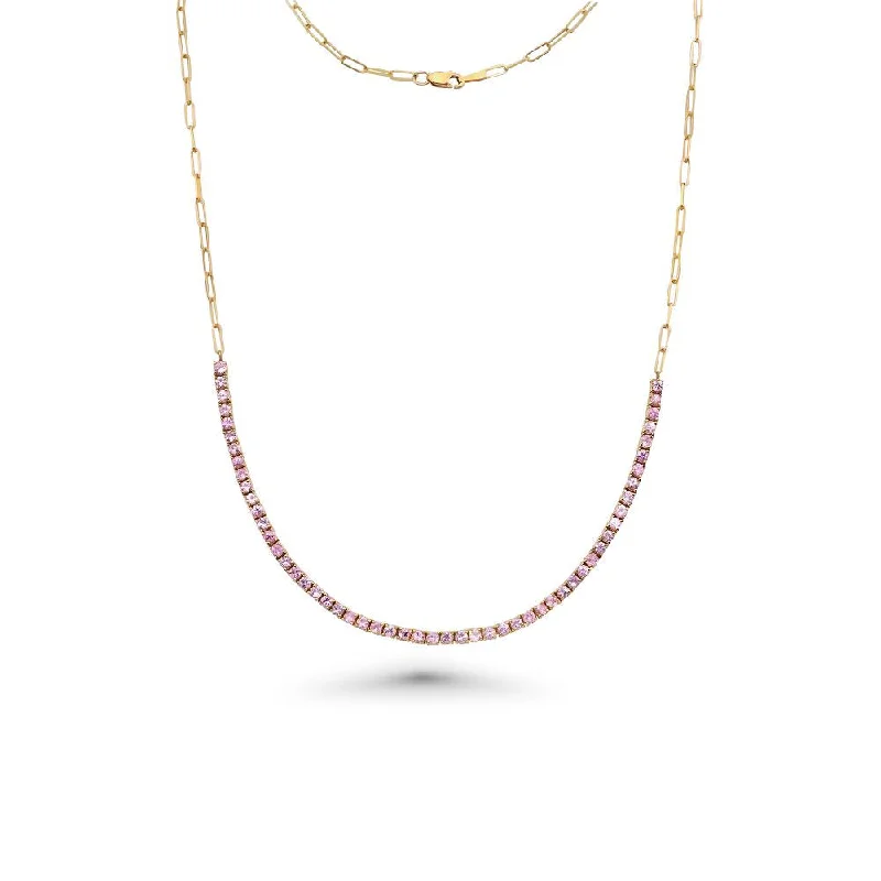 zodiac necklace for women -HalfWay Pink Sapphire Tennis Necklace With Paperclip Chain (4.70 ct.) 4-Prongs Setting in 14K Gold