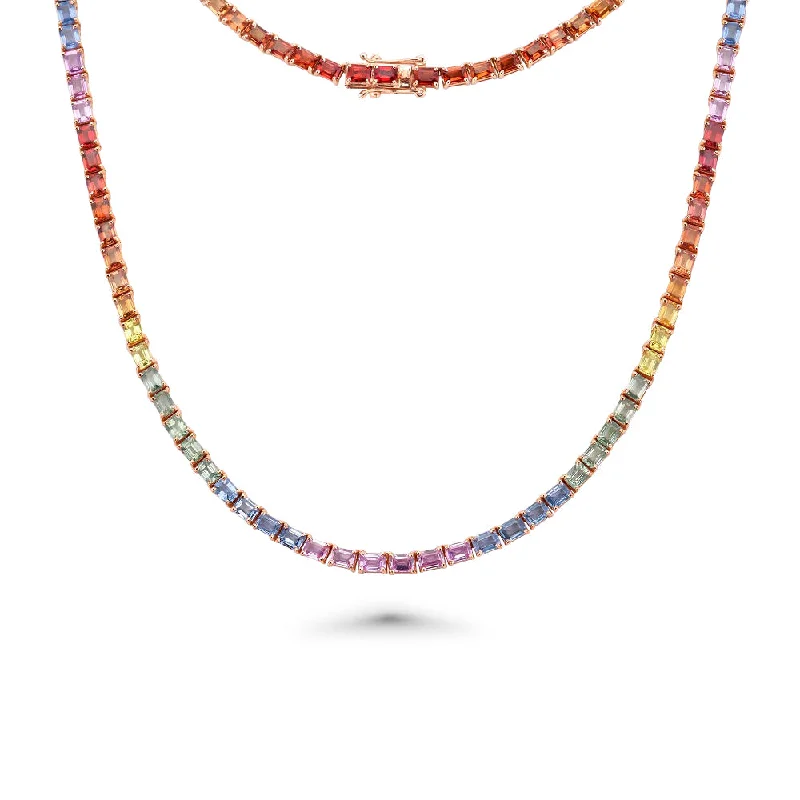 layered gold necklace -East West Rainbow Multi Color Sapphire Emerald Cut Tennis Necklace (25.00 ct.) 4-Prongs Setting in 14K Gold