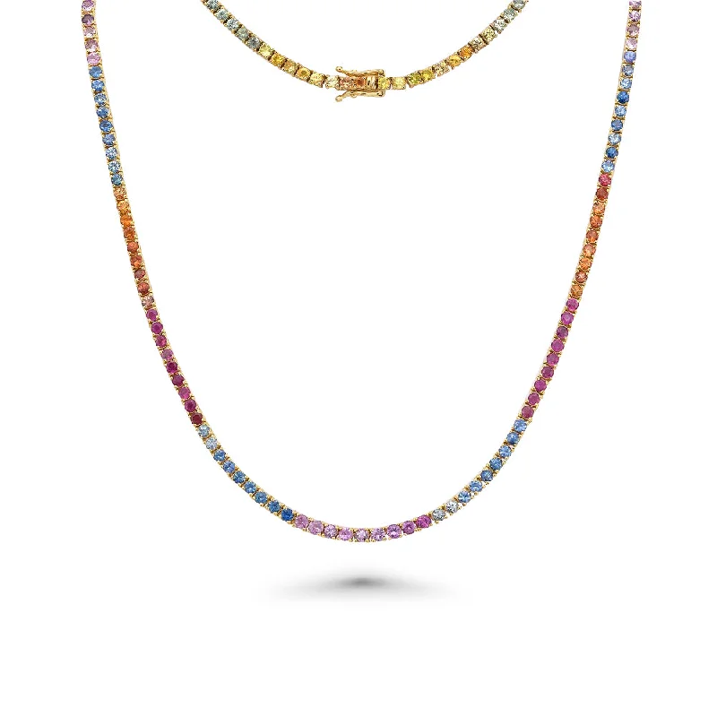 butterfly necklace for women -Rainbow Multi Color Sapphire Tennis Necklace (12.60 ct.) 4-Prongs Setting in 14K Gold