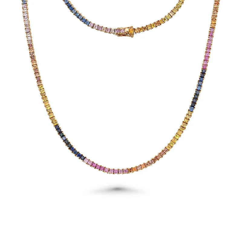 gold heart necklace -Rainbow Multi Color Square Shape Sapphire Tennis Necklace ( 14.50 ct.) 4-Prongs Setting in 14K Gold