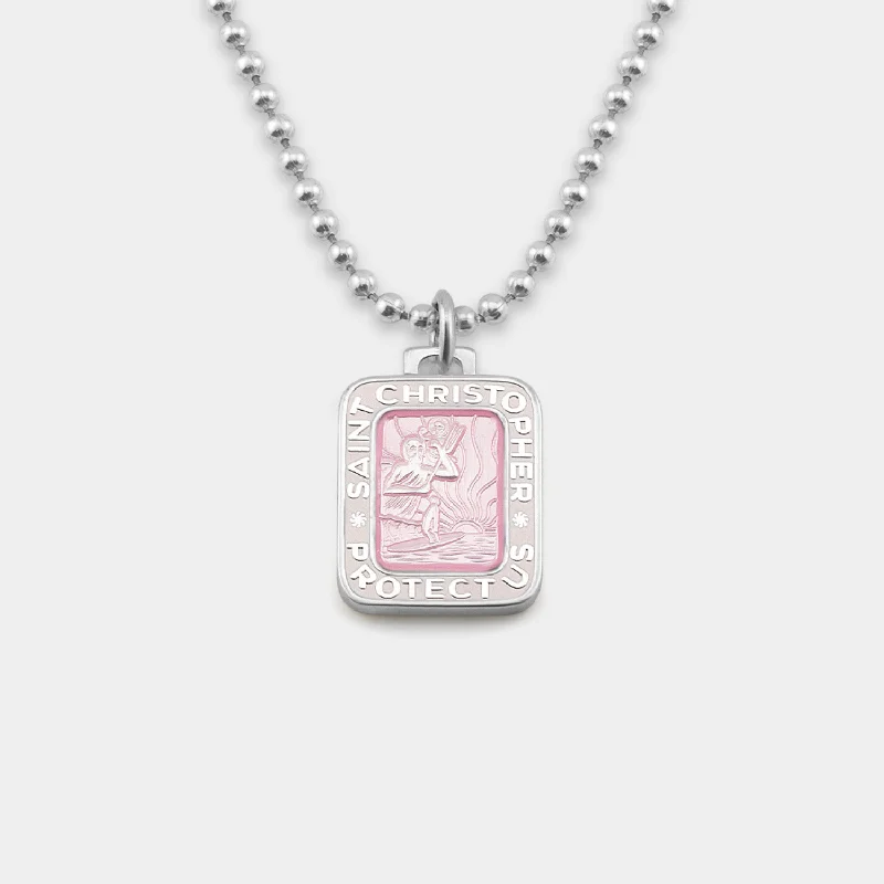 delicate gold necklace -Rectangle St. Christopher - Pink / White