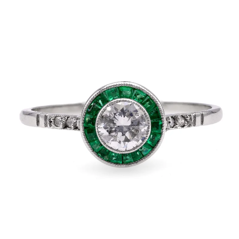 unique gemstone rings for fashion lovers -Art Deco Inspired Diamond Emerald Platinum Engagement Ring