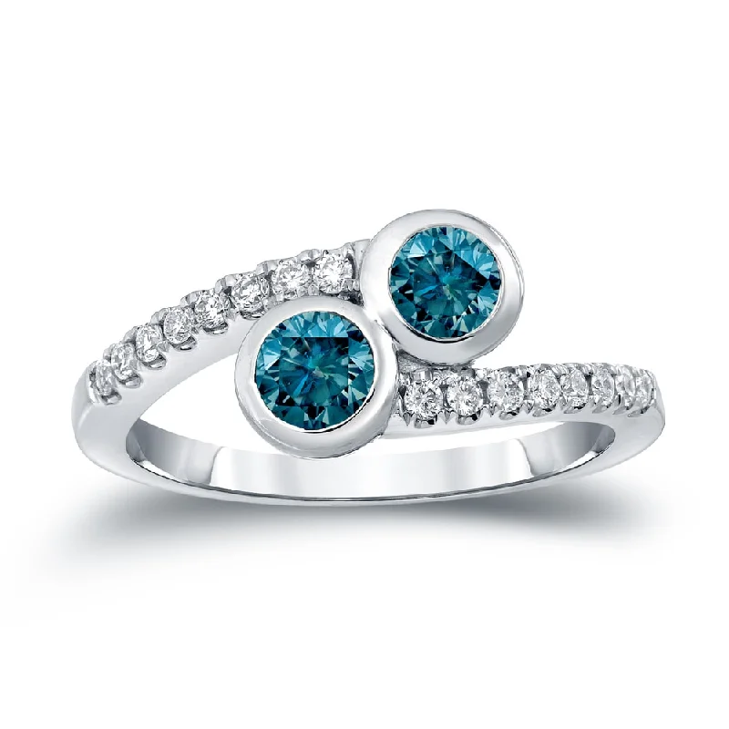 handmade silver rings for artisans -Auriya 14k Gold 1ct TDW Round 2-Stone Blue Diamond Engagement Ring