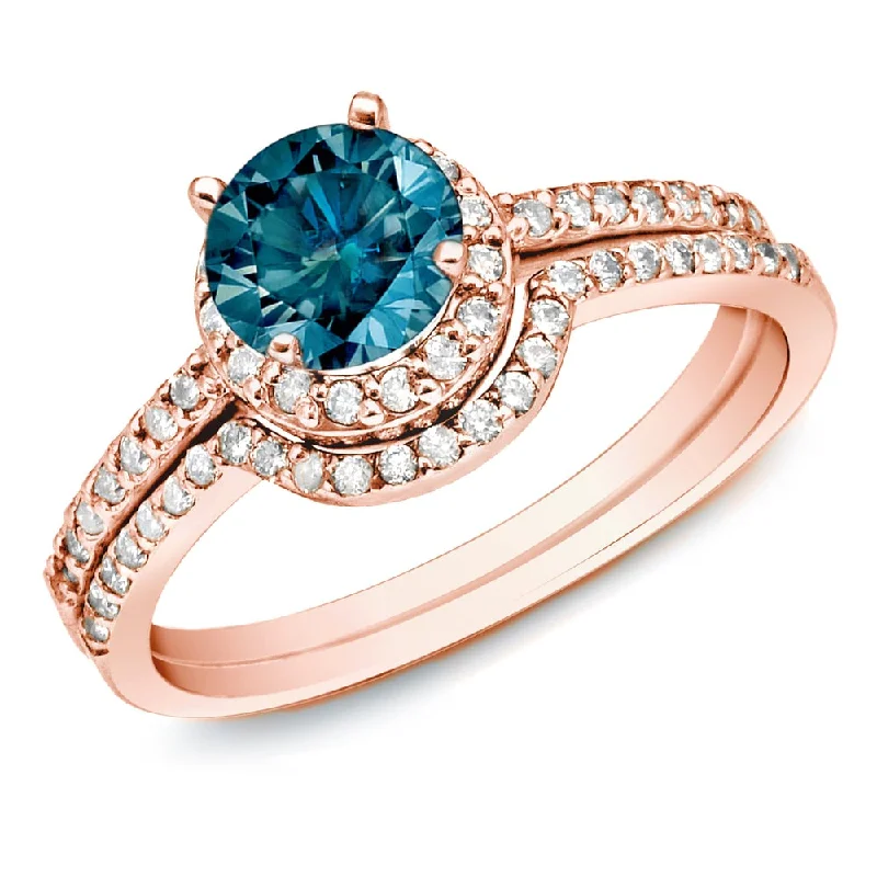 custom engagement rings with unique stones -Auriya 14k Rose Gold 1ctw Round Blue Diamond Halo Engagement Ring Set