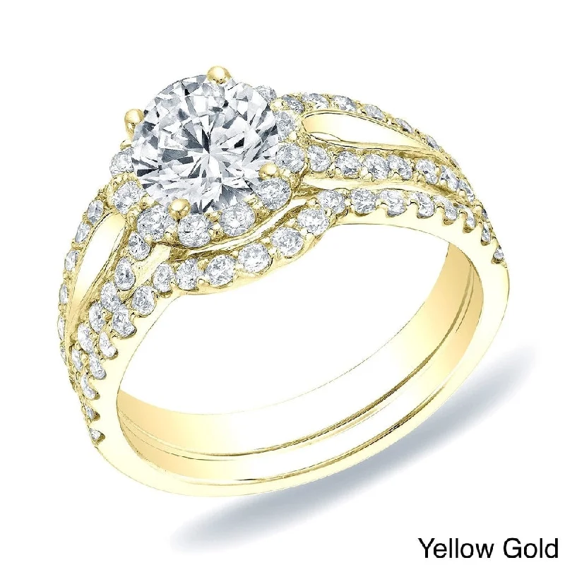 wedding rings with unique settings -Auriya Modern Split 1 1/2ct TDW Round Diamond Halo Engagement Ring Set 14k Gold Certified