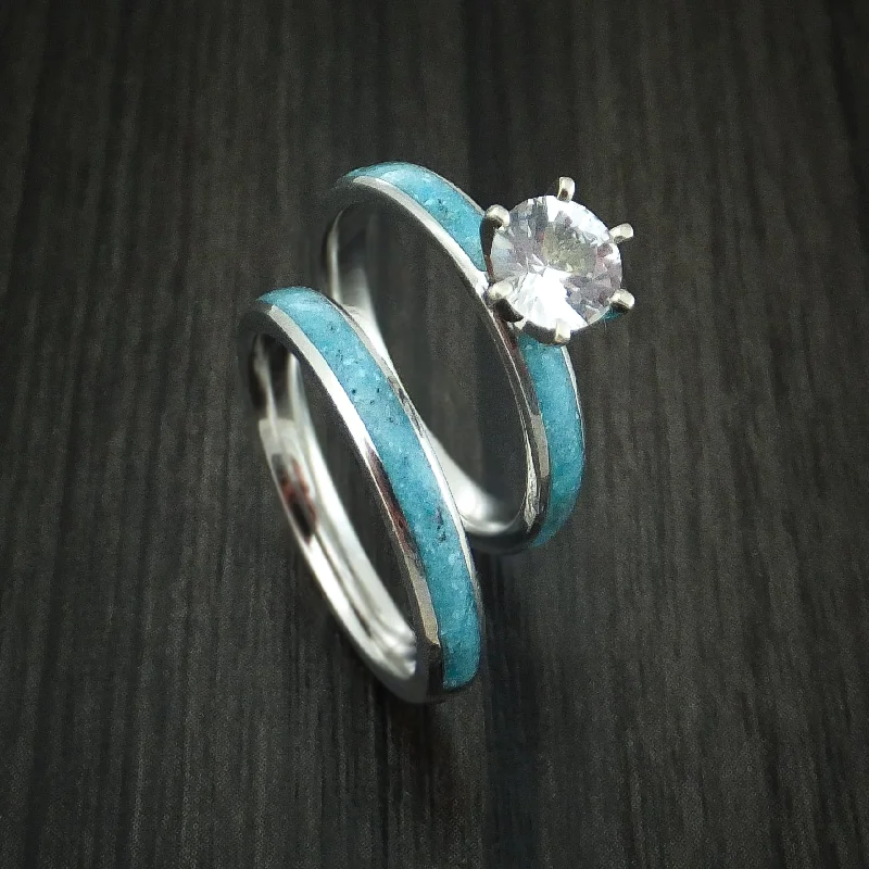 stackable rings with diamonds for chic style -Cobalt Chrome and White Sapphire Engagement and Wedding Ring Set with Turquoise Inlay Custom Made