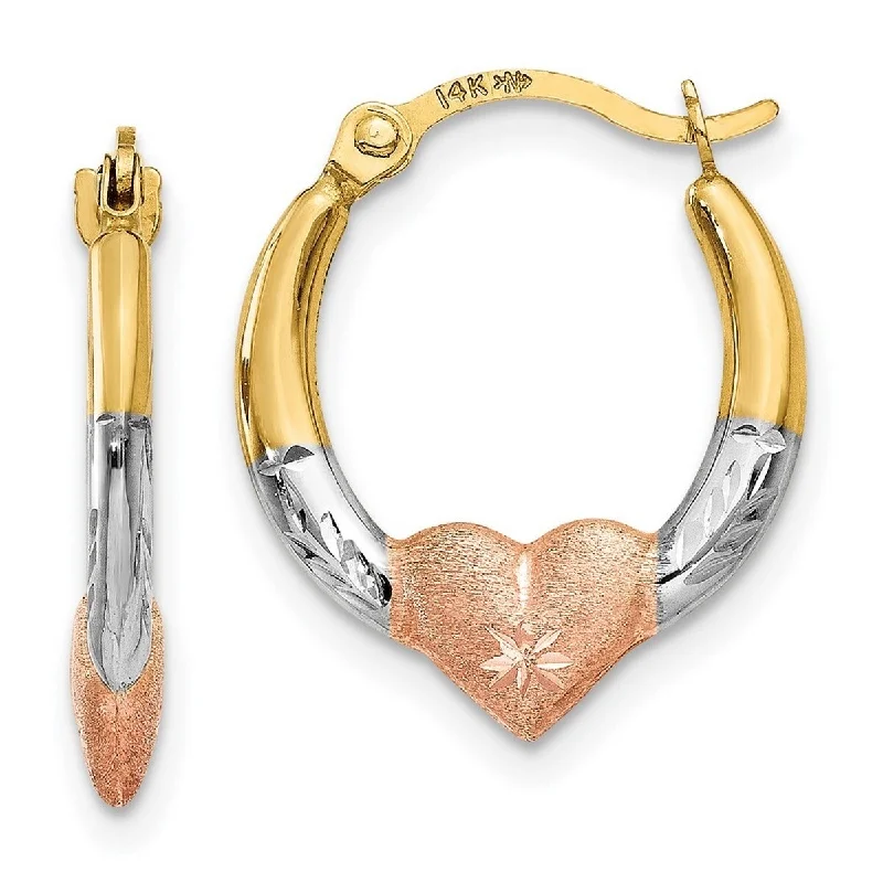 unique moon-shaped earrings-Curata 14k Tri-color Gold Diamond-cut 16mm Heart Hoop Earrings