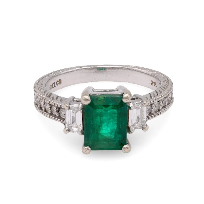 custom rings for anniversary celebrations -Emerald Diamond White Gold Engagement Ring