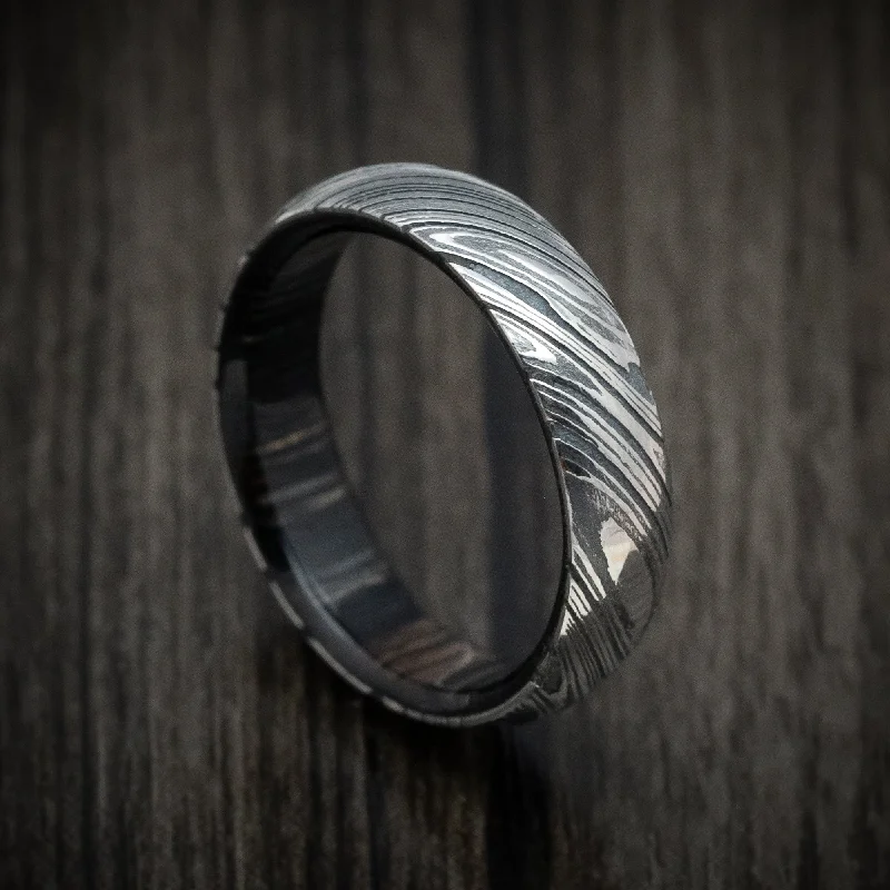 stackable rings with unique patterns -Kuro Damascus Steel Men's Ring With Hardwood Sleeve Custom Made Wood Band