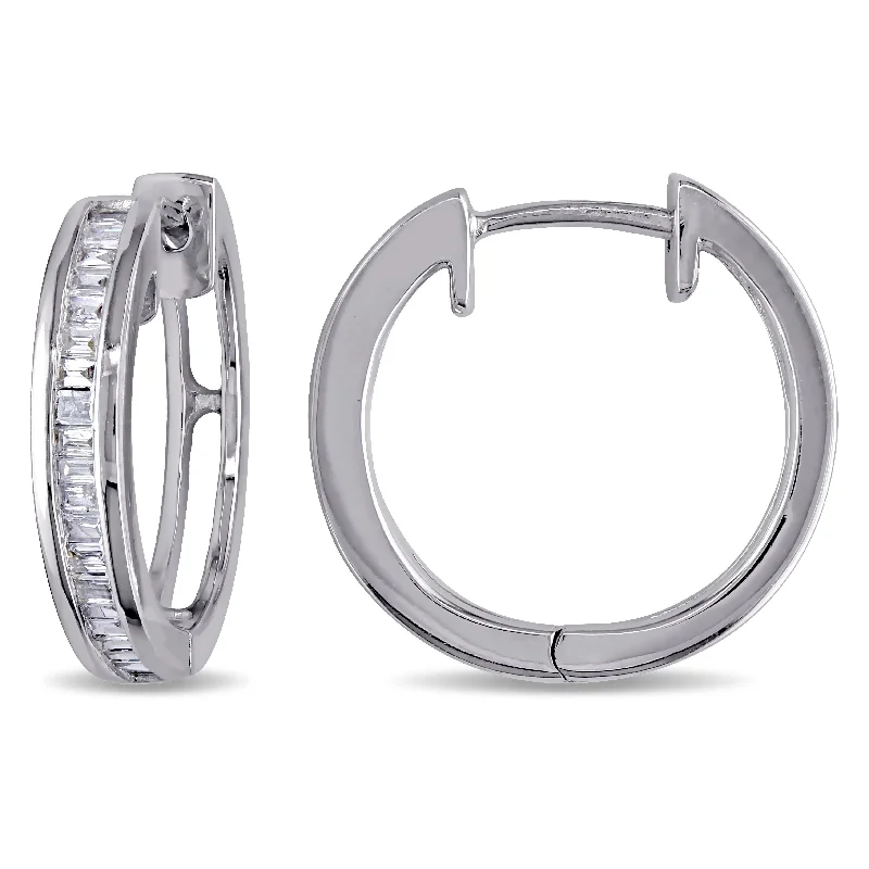 simple everyday earrings for women-Miadora 1/4ct TDW Baguette-cut Diamond Hoop Earrings in Sterling Silver