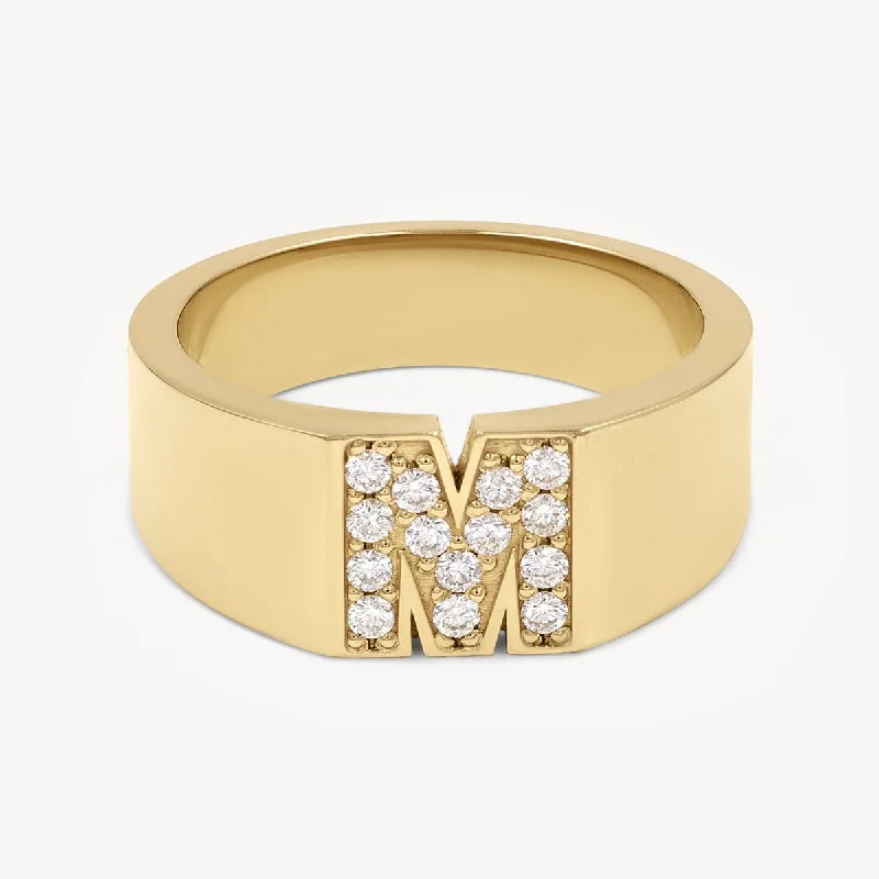 wedding bands with diamond accents -Pave Letter M Ring