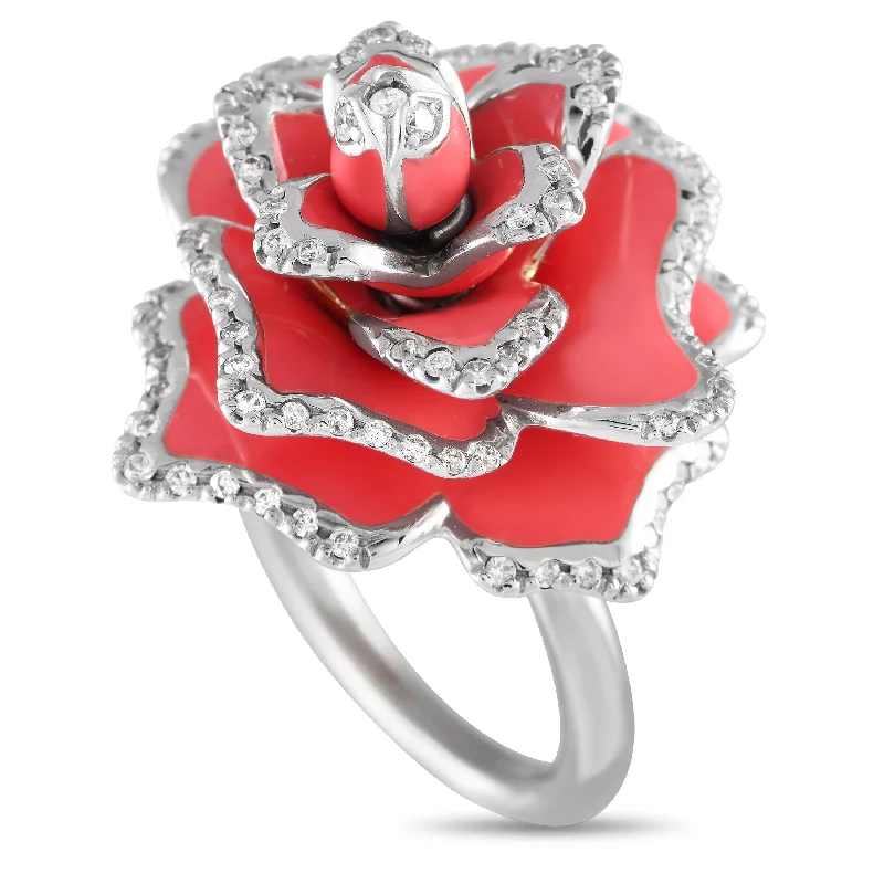 stackable silver rings for fashion lovers -Roberto Coin 18K White Gold 0.55ct Diamond Enamel Red Rose Statement Ring RC02-040124