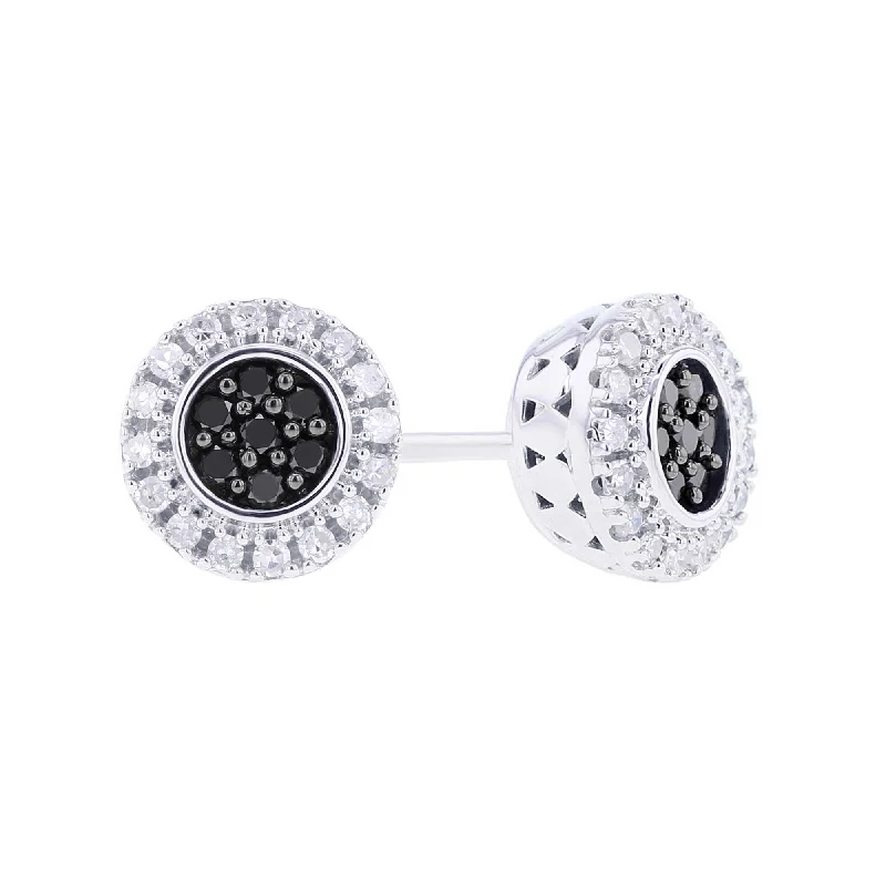 dainty stud earrings for everyday use-Silver Round Halo Black and White Diamond Earrings