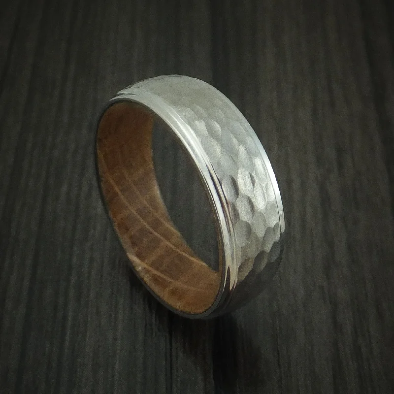 platinum rings for elegant weddings -Titanium Hammered Men's Ring with Whiskey Barrel Wood Sleeve Custom Made Band