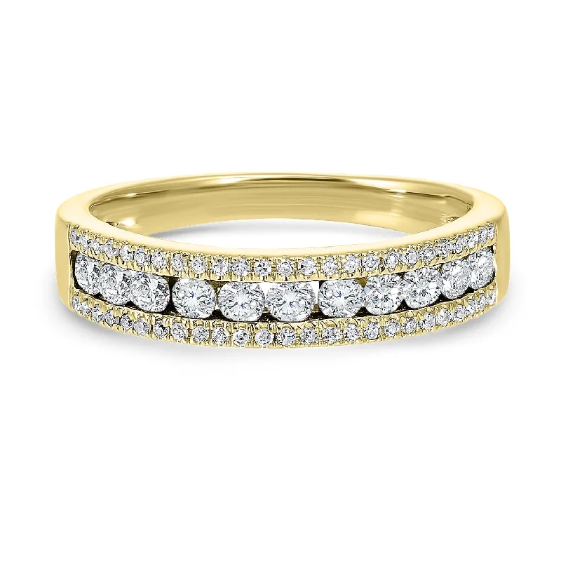 oversized rings for statement look -Triple Row Diamond Band in Yellow Gold- 1.00 twt.