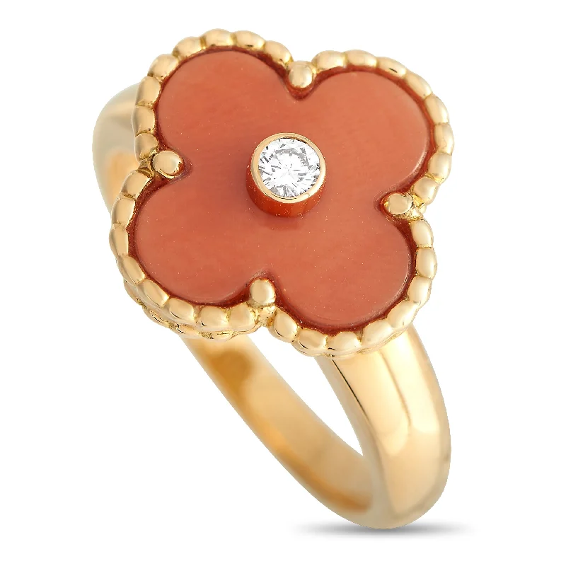 rings for grooms with engraving -Van Cleef & Arpels Alhambra Diamond and Coral Ring VC09-030824